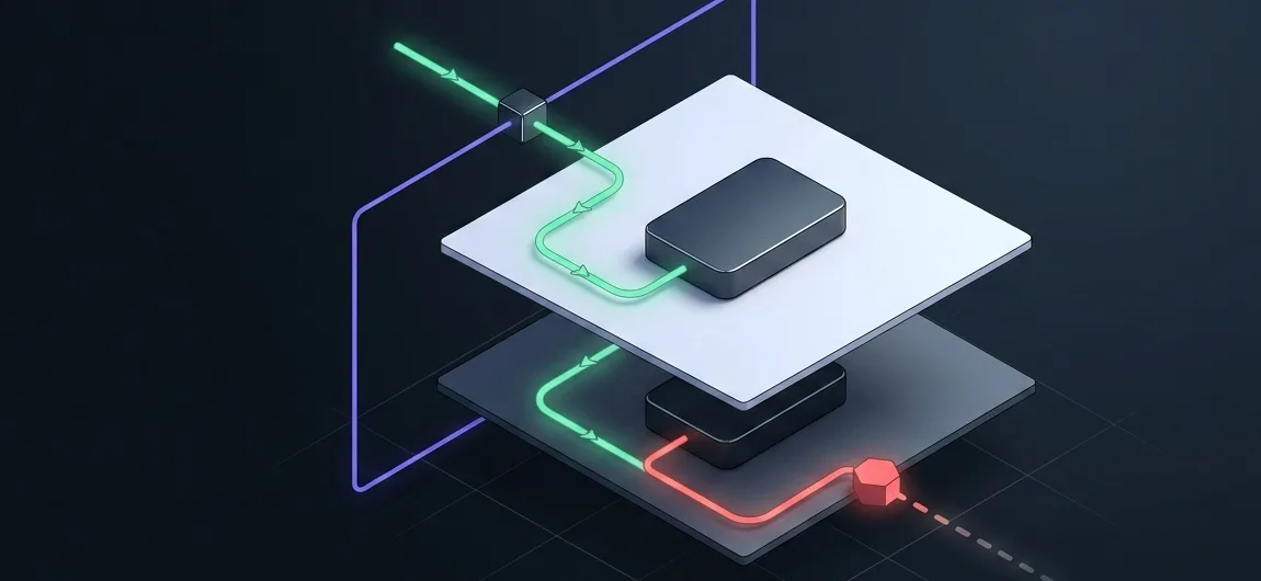 Diagrama isométrico da rede: um caminho verde entra pelo gateway e alcança o servidor na subnet pública; um segundo caminho para num bloqueio antes de alcançar o servidor da subnet privada.